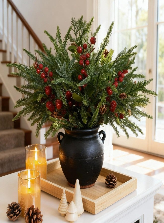 Maysing 12 Pcs Christmas Norfolk Pine Branches 18 Inch Real Touch Artificial Greenery Stems with Red Berries and Pine Cones for Vase DIY Crafts Garland Wreath Flower Arrangement Home Indoor Xmas Decor - Image 1